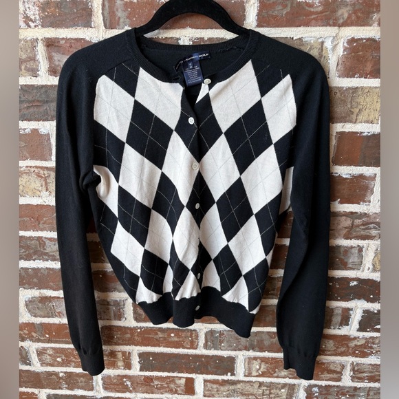 Ralph Lauren Sweaters - Ralph Lauren Golf Argyle Black White Silk Cashmere Cardigan Size Medium